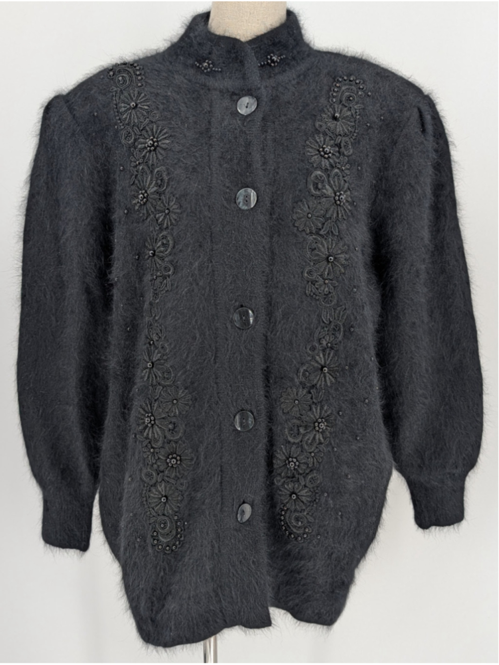 Vintage Lee Sands Black Angora Rabbit Hair Beaded Embroidered Cardigan Jacket OS
